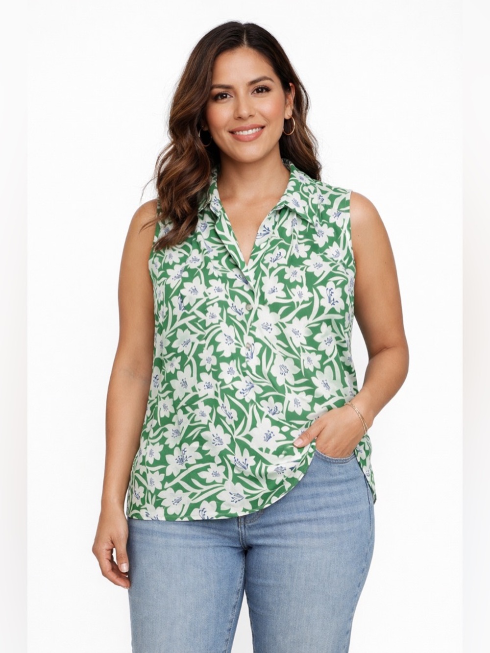 Cabi Floral Sleeveless Blouse Lightweight Button Front Top Casual Chic Vacation